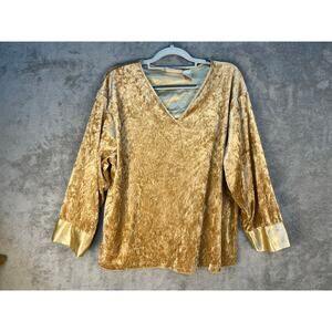 VTG Gold Crushed Velvet Blouse 1X 3/4 Sleeve Satin Cuff Renaissance Coquette